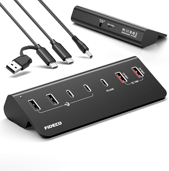 FIDECO 7-Port 72W Powered USB Hub, USB C Hub with 1 PD 45W, 2 QC 3.0 Charging Ports, and 4 USB 3.2 Ports (2 USB-A + 2 USB-C), Aluminum 10Gbps USB Hub for Laptop, PC, MacBook, iPhone 17/16/15, Black