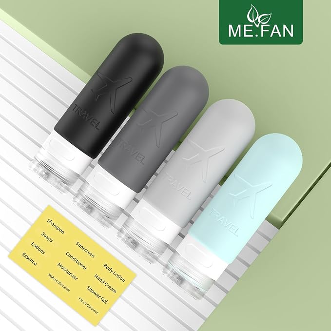 ME.FAN Travel Bottles for Toiletries,3oz Silicone Travel Size Containers, TSA Approved Squeezable Portable Split Bottle, Travel Accessories for Conditioner Shampoo Lotion - 4 Pack Gery