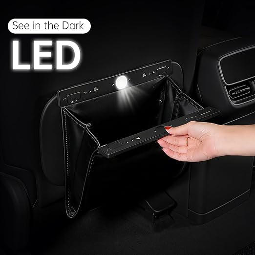 Leather Car Trash Can with Smart LED Light & Magnetic Closure, Hanging Car Trash Bag, Small Car Trash Can, Leak-Proof, Odor-Lock Car Trash Bin for Any Cars, Sedans, SUVs, Trucks, Black