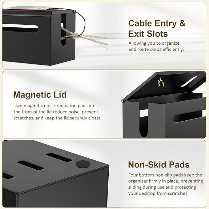 Metal Cable Management Box - Large Cable Organizer Box and Power Strip Box for Electrical Cord Hiding, Home Office Desk and Floor Cables Hider, TV Wires Storage Organization
