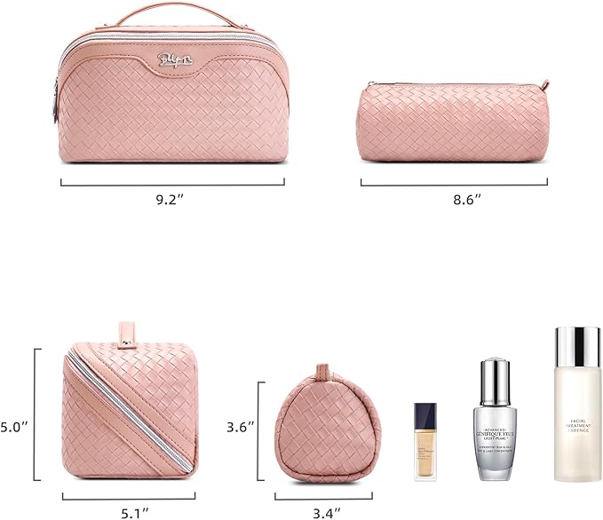 BOYATU Travel Makeup Bag Cosmetic Bags for Women: Large Capacity 3 Pcs Set Make up Bag with Compartments - Waterproof Vegan Leather Toiletry Organizer Bags with Handle (L04 Light Pink)