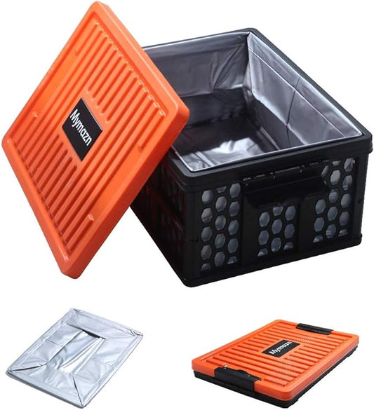 Mymazn Trunk Organizer Plastic for Car, Crate Storage Collapsible Car Organizer for SUV, Groceries, Camping | with Lid, Waterproof Bag, Optional Insulated Cooler(Orange)