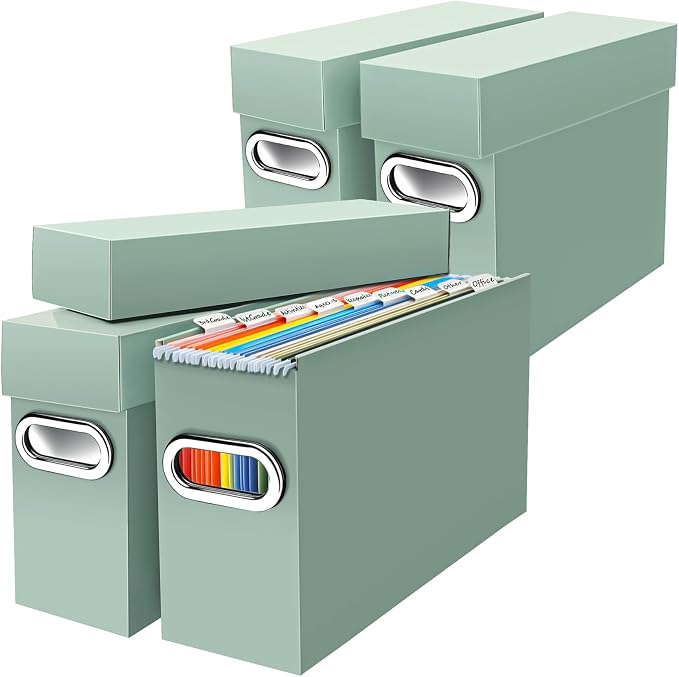 File Organizer Box with Lid & Handle, Heavy Duty Hanging File Folder Storage Boxes for Letter Size, Portable Filing Organizer for Office, Home, Classroom, Sage 4 Pack