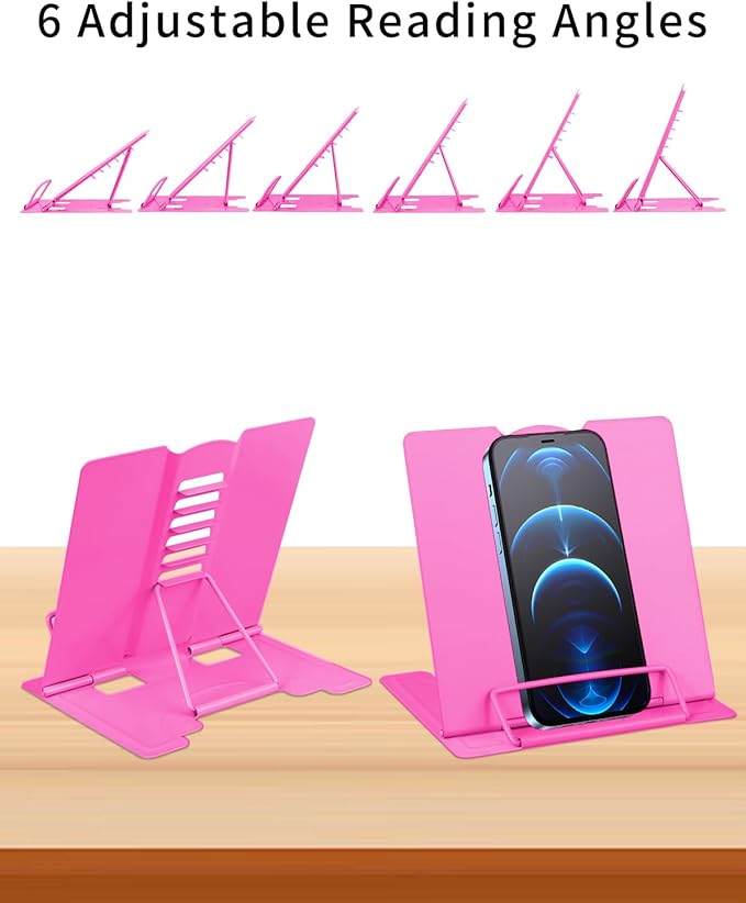 MSDADA Small Desk Book Stand Metal Reading Rest Book Holder Adjustable Cookbook Documents Holder Portable Sturdy Bookstands for Recipes Textbooks Tablet Music Books(Rose Red