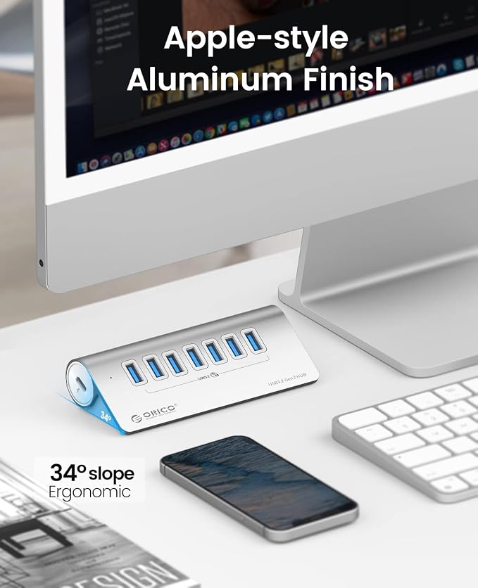 ORICO 7-Port USB 3.2 Gen2 Hub, Desktop USB 3.2 Hub with 7 USB-A Ports, 5V 3A Power Supply Port, 10Gbps Aluminium USB-Splitter with 3.28Ft USB-C to USB-C Cable for iMac, MacBooks, Mac mini