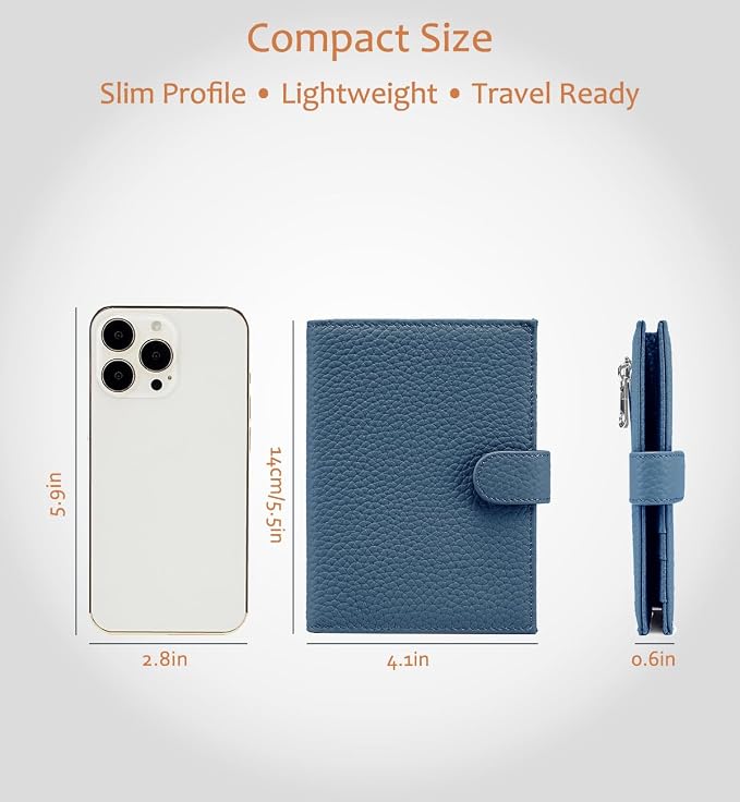 Leather RFID Blocking Passport Holder for Travel Women | Multiple Slim Passport Wallet for Women with Card Slots, Zipper Coin Pocket, Travel Passport Cover Case Gift Ready Denim Blue