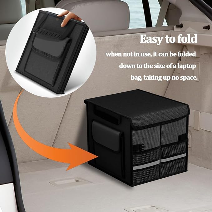 HZEL Car Trunk Organizer with Lid, Foldable Slip Resistant Multi-Compartment Vehicle Cargo Storage Box, Collapsible Waterproof Automotive Trunk Organizer, Universal for SUV Van Truck (Black)