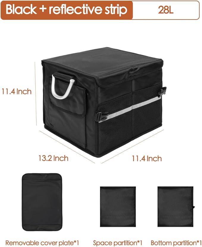 Small Trunk Organizer With Lid, For SUV Car Truck, Black 28L, Foldable Waterproof Oxford Fabric, 2-Compartments With Aluminium Alloy Handle