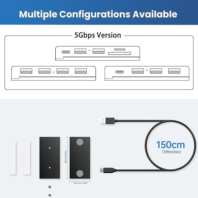 EJAY 10Gbps Magnetic USB-C Hub, 4-Port USB 3.2 Gen2 Aluminum Splitter, Desk Mounted with Extra Long 47" Cable, Anti-Slip Under Desk Hub for MacBook, Surface, Dell, Black