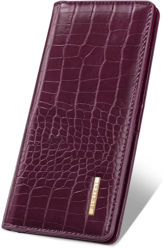 Wallet Women Bifold Faux Crocodile Leather Minimalist Slim Thin Long Wallets RFID Blocking Credit Cards Holder Purse with Back Zipper Coin Pocket for Women and Men,Plum