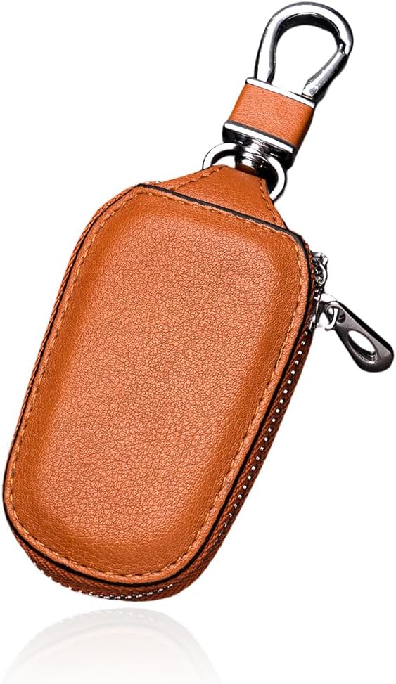 Wevdn Car Key Case, Genuine Leather Auto Smart Key Fob Holder with Metal Hook, Anti Scratch Automotive Key Protector Key Chain Zipper Bag for Remote Key Fob, Car Accessories (Brown)