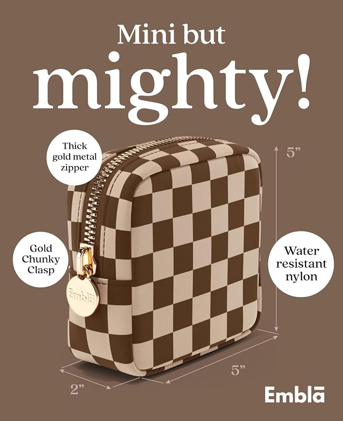 Makeup Bag Travel Cosmetics Pouch and Toiletry Bag, Nylon Zipper Pouch Purse, Cute Make Up Organizer Storage Tote for Women Girls, Travel Skincare Case, Mini Makeup Case, Chocolate Sand Checkered