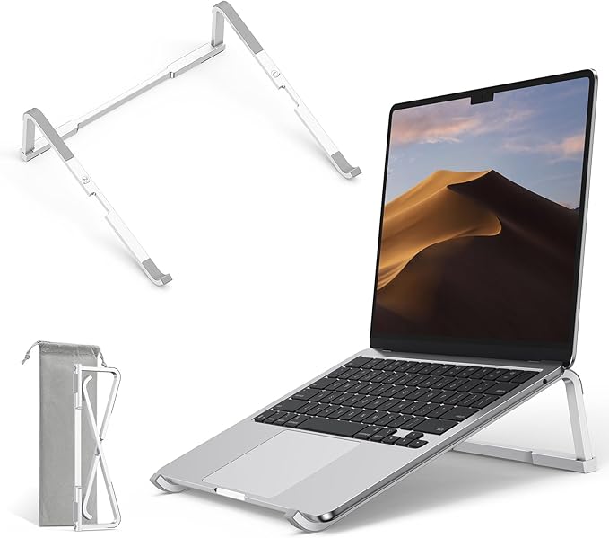 OMOTON Portable Laptop Stand for Desk, Foldable Aluminum Laptop Riser, Ergonomic Computer Stand Compatible with for MacBook Pro/Air, Dell, HP, Lenovo, 10-17.3'' (Silver)