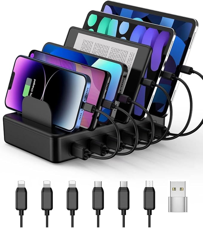 CREATIVE DESIGN 50W 6 Ports Multi Charger Station with 6 Charging Cables, USB Charging Dock for Multiple Devices, Compatible with Cellphone iPad Kindle Tablet and Other Electronic Devices