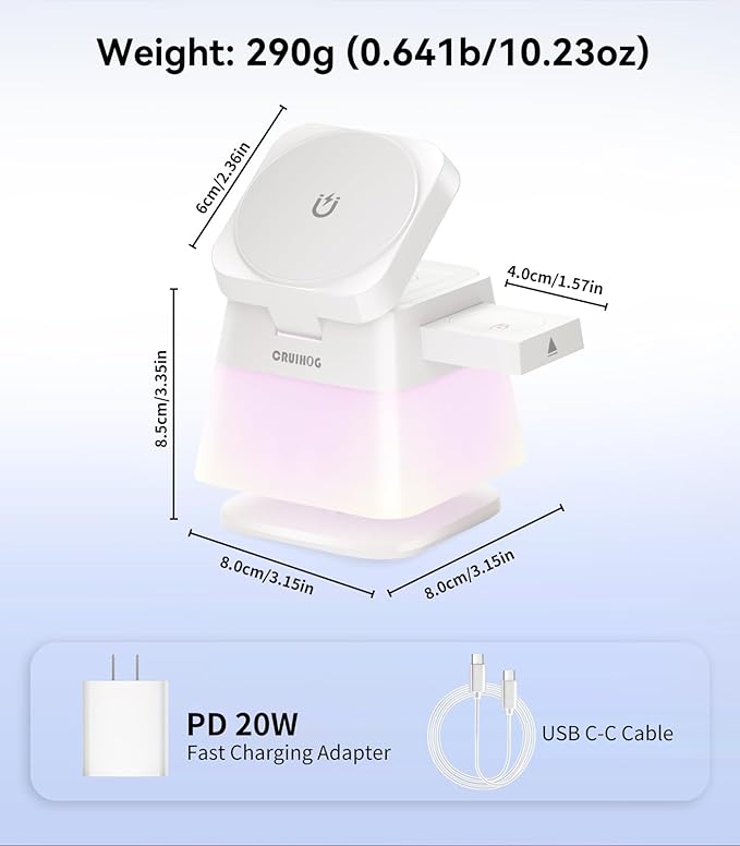 4 in 1 15W Charging Station for Apple, Magnetic Wireless Charger Stand [Colorful Night Light], Rotatable Charger Station for iPhone 17/16/15/14/13, Apple Watch, AirPods(Adapter Included)