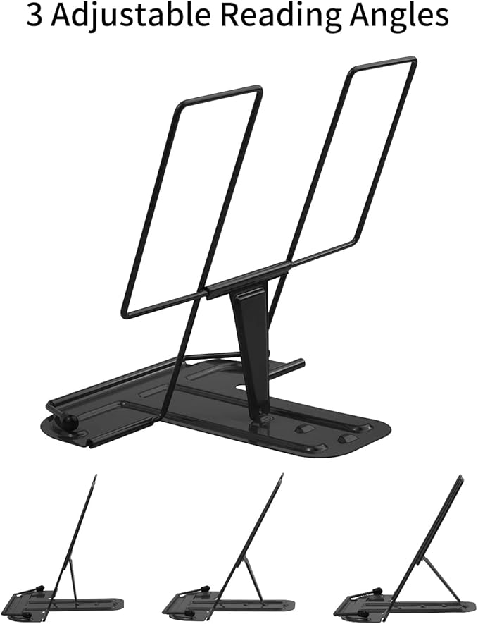 MSDADA Metal Book Stand for Desk, Adjustable Reading Rest Book Holder, Portable Cookbook Documents Holder, Sturdy Typing Stand for Recipes Textbooks Tablet Music Books with Page Clips (Black)