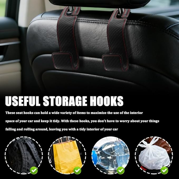 2PCS Car Seat Headrest Hooks, Purse Hook for Car, Automotive Headrest Handbags Holder, Auto Accessories Leather Seatback Organizer Hanger for Hanging Purses Bags Coats (Carbon Fiber, 1PCS)