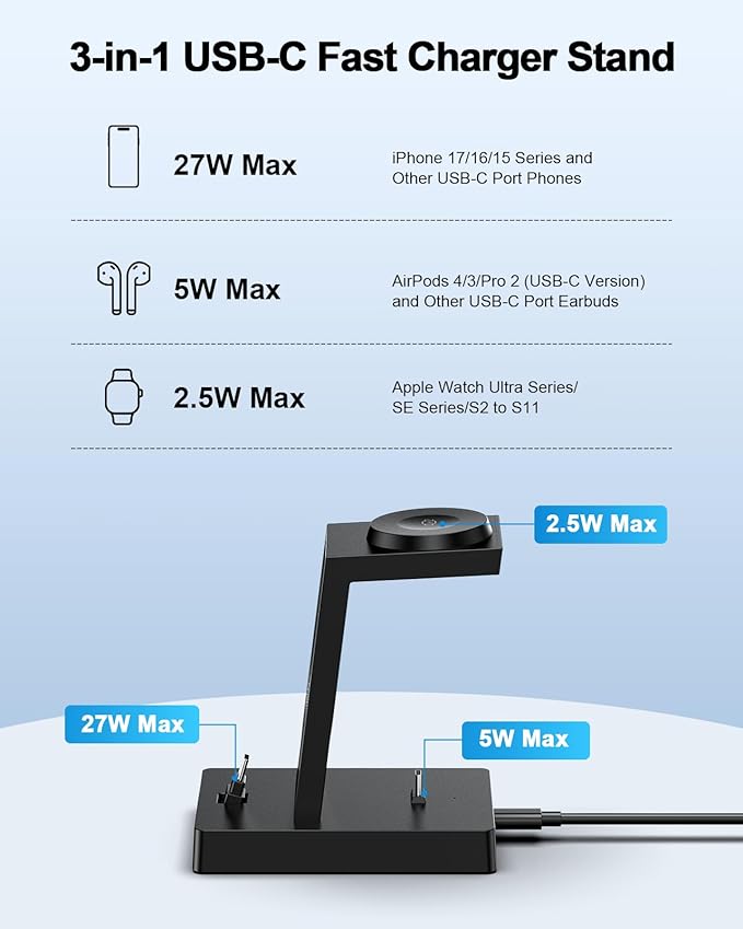 30W Fast 3 in 1 Charging Station for Apple Devices - ADADPU USB C Charger Stand for iPhone 17 16 15 Pro Max Plus & AirPods 4,Wireless Charger Dock Compatible with Apple Watch Ultra/10/9/8/7/6/5/4/3/SE