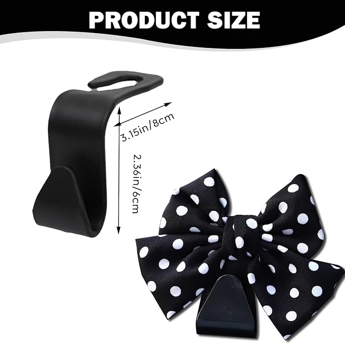 2PCS Car Seat Headrest Hooks, Cute Bow Vehicle Rear Seat Bracket Hook for Purses and Bags, Automotive Purse Hook Hanger, Universal for SUV, Sedan, Truck (Black+Polka Dot)