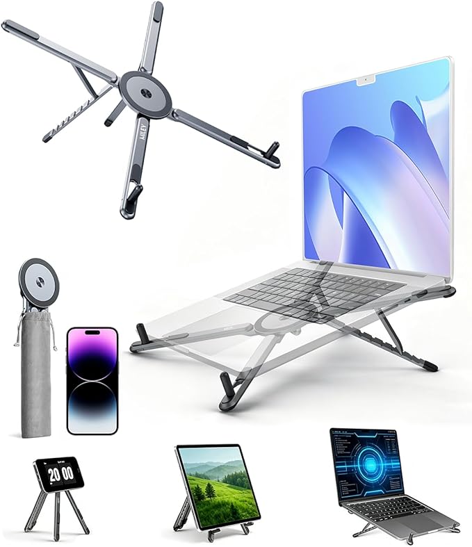 miley Portable Foldable Laptop Stand for Desk,Foldable Ergonomic,8-Level Height,with 13–17" Laptops,Aluminum Construction,Tripod Compatible,Portable with,Includes Storage Bag