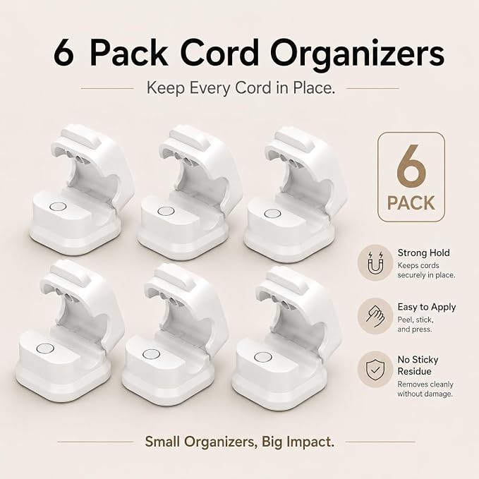 6 Pack Cable Organizer Clips, Adhesive Cord Holder for Desk, Office, Car & Nightstand, Spring Lock Cable Management with Strong Acrylic Adhesive, White
