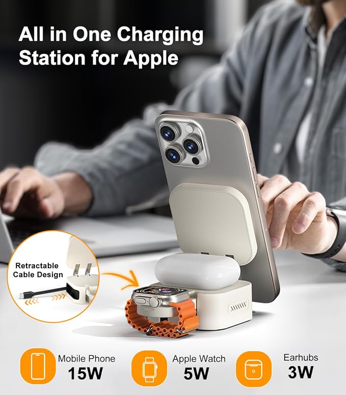 ULiXWH Retractable 3 in 1 Charging Station for Apple [Built in Cable] 22.5W Fast for Magsafe Wireless Charger, Travel Essentials, Magnetic Foldable Stand for iPhone 17 Air Pro Max 16 15 iWatch Airpods
