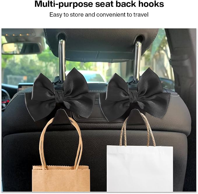 2 Pack Car Seat Headrest Hook, Auto Seat Hook Hangers Storage Organizer Interior Accessories for Handbag Clothes Coats Grocery Bags (Black silk)