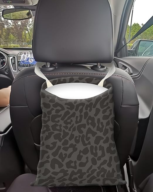 Cute Canvas Car Garbage Bag, Black Leopard Print, Car Trash Bin, Seat Back Hanging, 5L