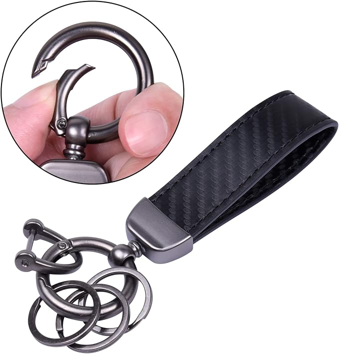 Wisdompro Carbon Fiber Style Car Keychain, Microfiber Leather Key Chain, Universal Key FOB Keychain Holder for Men and Women, with Anti-lost D-ring, 3 Keyrings - Black (with flat connector)
