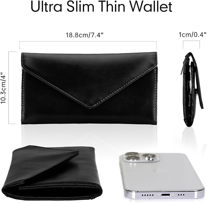 Card Wallet for Women RFID Blocking Envelope Style Ultra Slim Credit Card Case with Zip Coin Pocket, Black