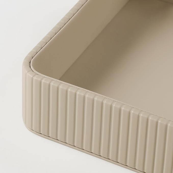 Desk Organizer Tray, PU Leather Nightstand Organizer Perfume Valet Tray for Men Women, Decorative Vanity Trays Trinket Dish Key Bowl for Entryway Table (2pcs, Beige, Large+Small)