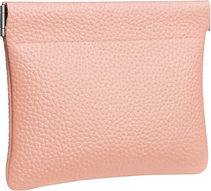 Genuine Leather Squeeze Coin Purse Pouch Change Holder For Men & Women Mini Change Purse Pouch for Pocket, Small Pouch Credit Card Key Headset Lipstick Holder (Pink)