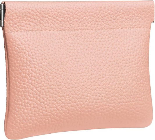 Genuine Leather Squeeze Coin Purse Pouch Change Holder For Men & Women Mini Change Purse Pouch for Pocket, Small Pouch Credit Card Key Headset Lipstick Holder (Pink)