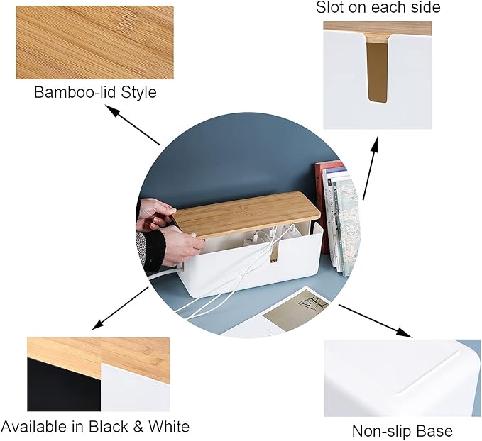 Changsuo Small Cable Management Box with Bamboo Lid for Extension Cord Power Stripe Surge Protector Wire Concealer Organizer Cover Hider (White)