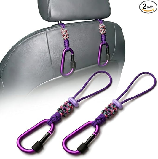 Car Seat Back Hooks 2 Pack - Heavy Duty Rope & Metal Buckle Car Hangers, No Wobble Multi-Purpose Organizer for Grocery Bags, Backpacks, Umbrellas, Trash Bags (Fit Most Vehicles) Purple