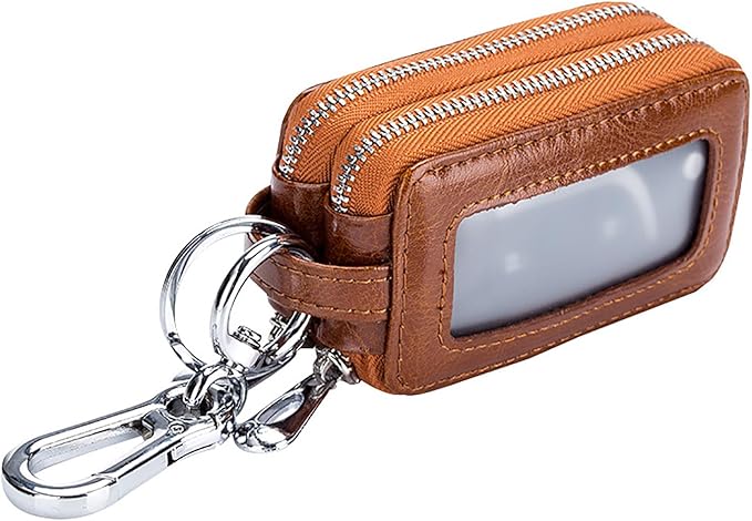 Car Key Chain Bag Double Zipper Leather Protection Key Coin Holder Keyring with Transparent Window