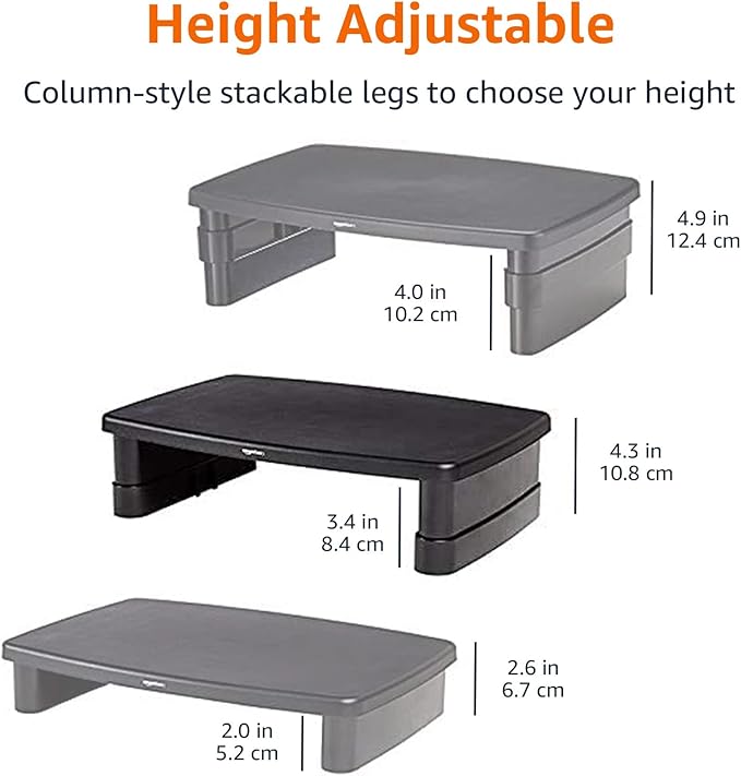 Amazon Basics Height Adjustable Monitor Stand Riser with Storage Organizer, Multifunctional Desk Accessories for Reduced Neck Strain - Fits Monitors, Laptops Up to 22lbs, Black