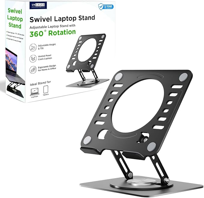 Uncaged Ergonomics Swivel Laptop Stand for Desk, Adjustable Computer iPad Stand for Desk w/ 360 Rotation, Portable Laptop Holder for Home Office Ergonomic Supplies (Black)