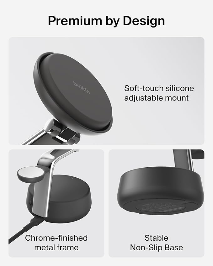 Belkin MagSafe Charger Compatible, 3-in-1 Charging Station, Qi2.2 25W w/Cooling Fan (On/Off Control) Magnetic Wireless Charger for iPhone 17, Apple Watch, AirPods, Pixel 10 (45W Adapter Included)
