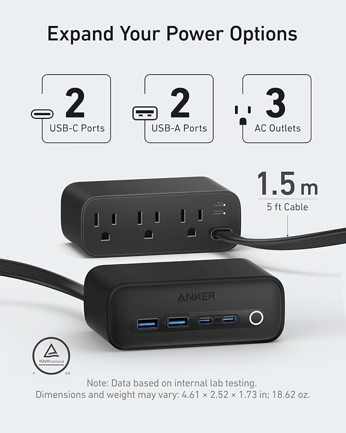 Anker 525 Charging Station, 7-in-1 USB C Power Strip for iphone13/14, 5ft Extension Cord with 3AC,2USB A,2USB C,Max 65W Power Delivery Desktop Accessory for MacBook Pro, Home, Office (Phantom Black)