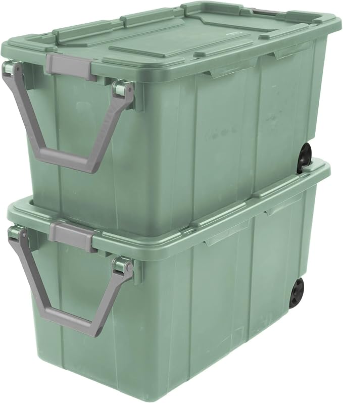 40 Gallon Plastic Storage Box, Wheeled Industrial Tote, Pack of 2