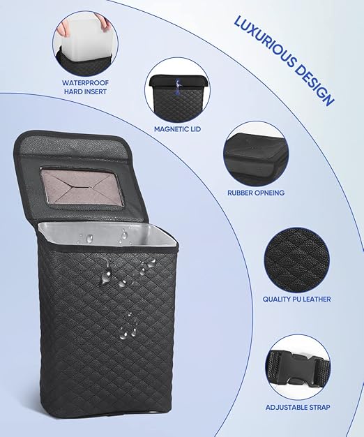 Tsumbay Car Trash Can with Lid, Leather Garbage Can, Leakproof and Removable Interior Liner, Multipurpose Hanging Garbage Bin with Quick Access Magnetic Opening, Trash Bin for Car (2 Gallon/7.5L)