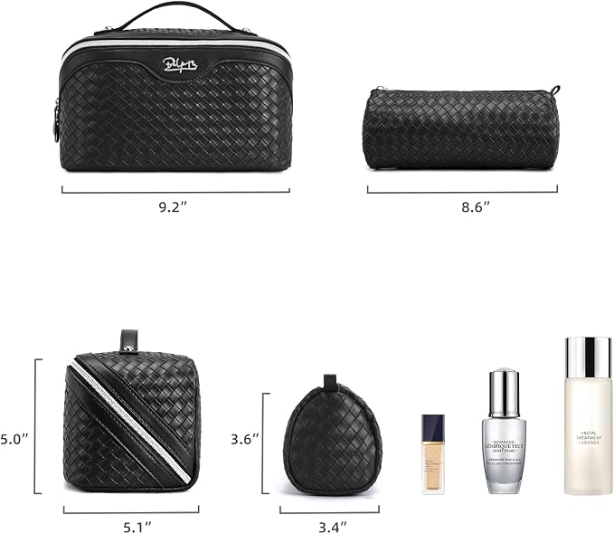 BOYATU Travel Makeup Bags for Women: 3 Pcs Large Make up Bags Set - Vegan Leather Cosmetic Bag for Traveling - Waterproof Toiletry Organizer (L05 Black)