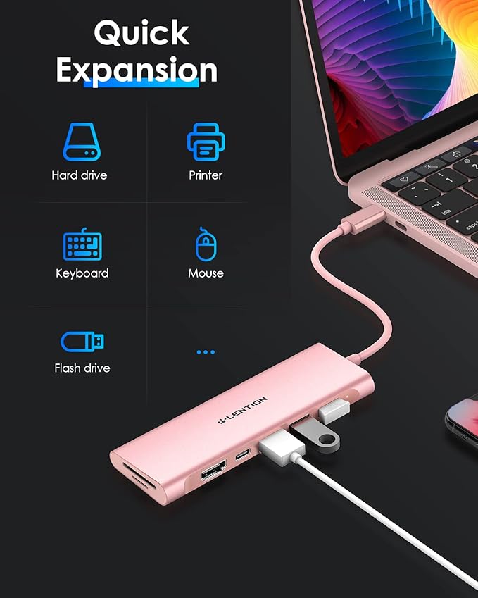 LENTION 7-in-1 USB C Multiport Hub with 4K HDMI, 100W PD, 3 USB 3.0 Ports, SD/MicroSD Card Reader Compatible MacBook Pro/Air 2016-2025 Stable Driver Adapter (CB-C36B, Rose Gold)