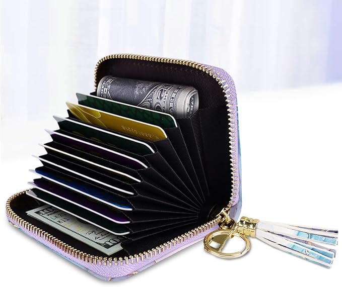 Coco Rossi Leather Credit Card Wallet for Women, RFID Blocking Zipper Cards Holder with Tassel, Gradient Marble