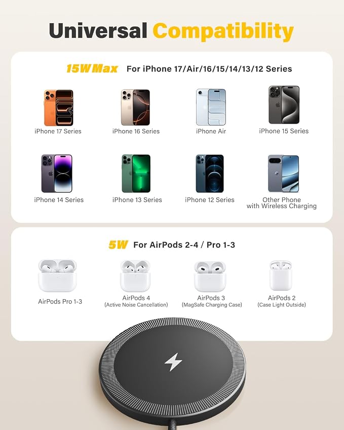 6FT Magnetic Wireless Charger Charging Pad - 15W Fast Phone Charger Puck for Apple iPhone 17 16 15 14 13 12 Series & AirPods 4 3 2 Pro, Phone Charging Pad with Plug for Desk & Travel, 2Pack Black