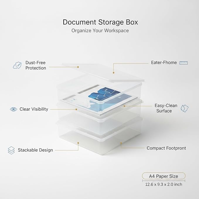 Document Storage Box, Clear PP Plastic File Organizer with Lid for A4 Papers, Stackable Desktop Bin for Office Desk (1 PC)