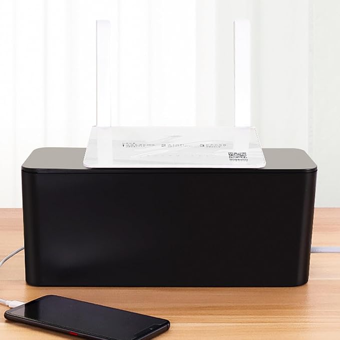 Cable Management Box Cord Organizer for Home Office, Compact Black Plastic Power Strip Cord Hides Box with Lid for Desk and Electronics Storage