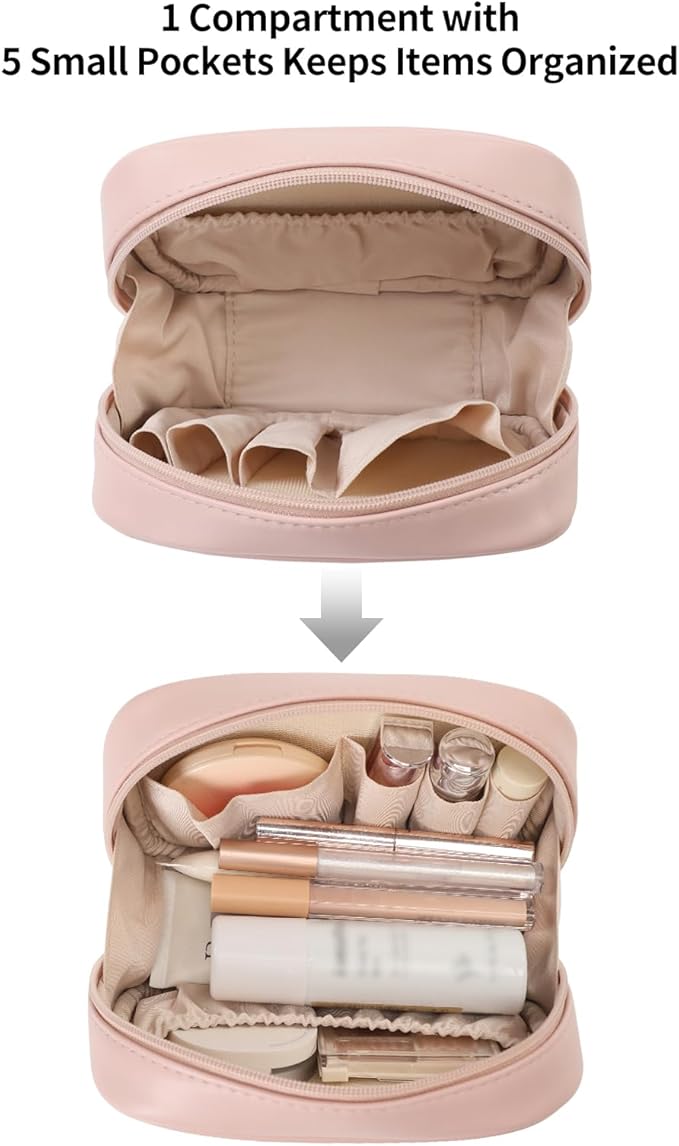 RIGHT AWAY Makeup Bag,Travel Cosmetic Bag Organizer with Zipper,Waterproof Toiletry Bags Makeup Pouch for Purse, Small Make Up Bag &Cases with Compartments for Women Girls（Pink）