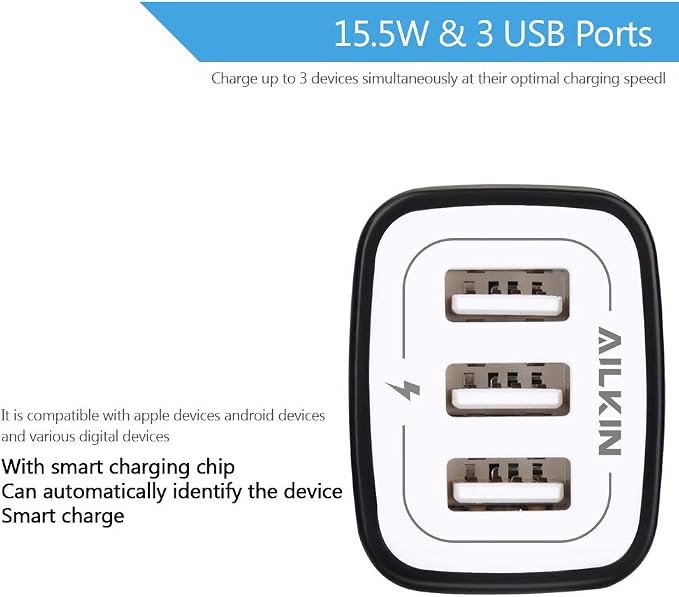 Wall Charger Plug, USB Plug Wall Outlet, 3 MultiPort Charger Station Cube | USBA Box Charger Outlet Base Brick Block Replacement for iPhone, iPad, and iWatch Charger Plug (Black)